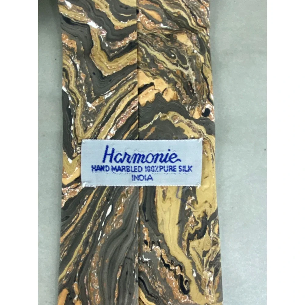 Harmonie Mens Tie Hand Marbled Silk Abstract Swirl Earth Tones India 57x3.5